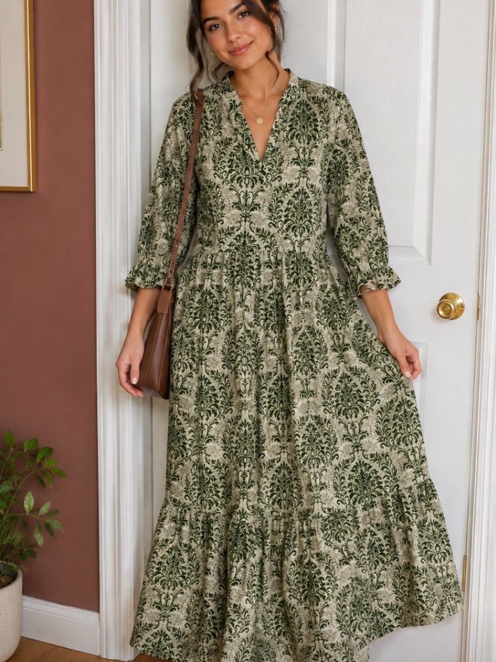 Printed Olive Green V-Neck Maxi Dress